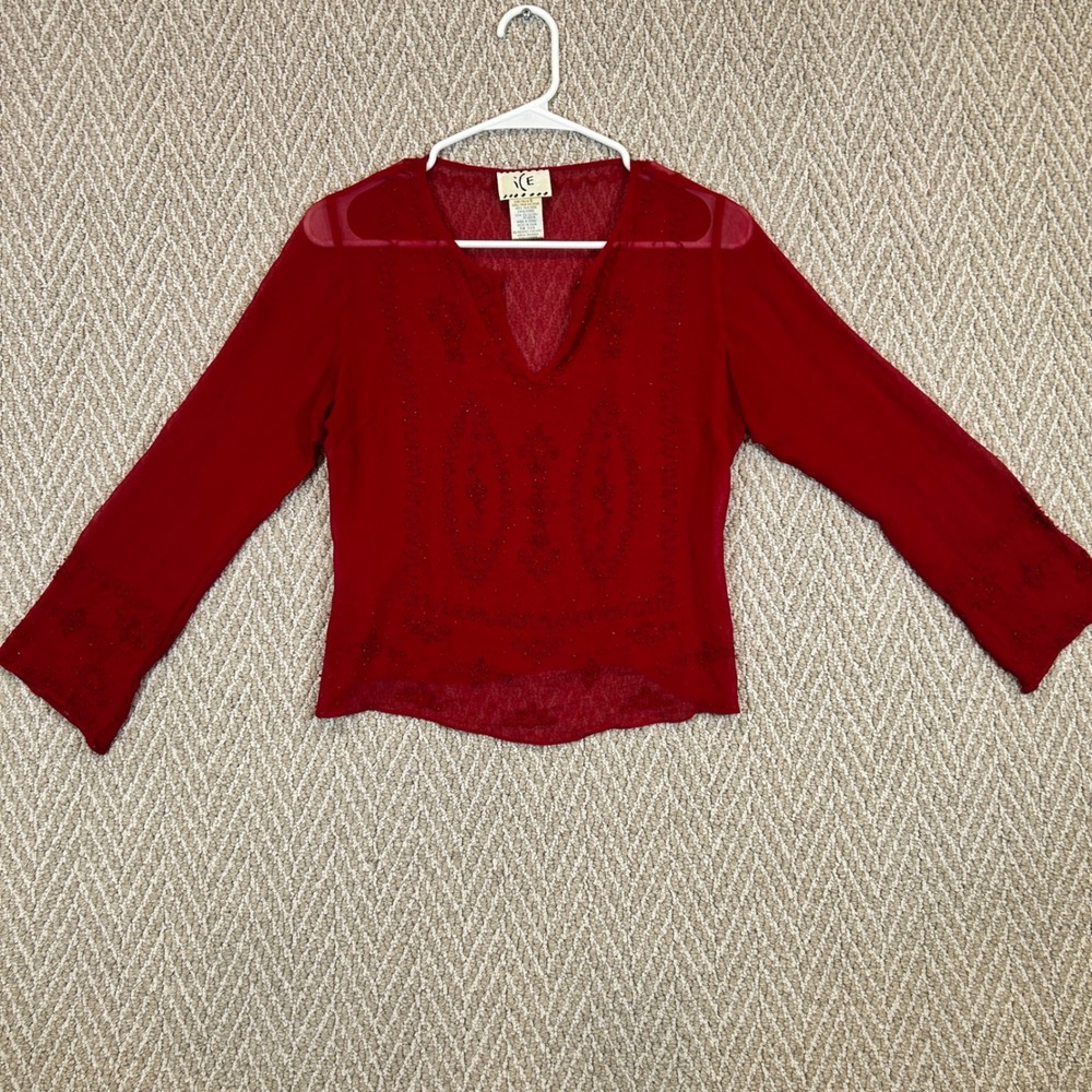 Vtg ICE Blouse Womens Small Red Silk Babydoll Beaded V Neck Long Sleeve Sheer